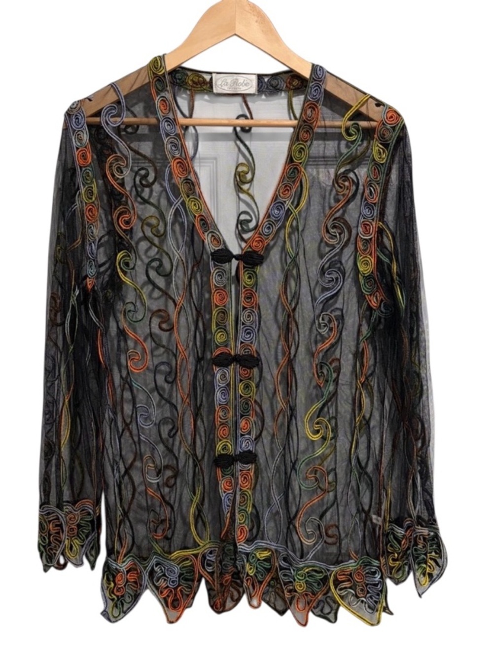 Vintage La Robe Sheer Black Mesh Embroidered Button-Front Top Coverup